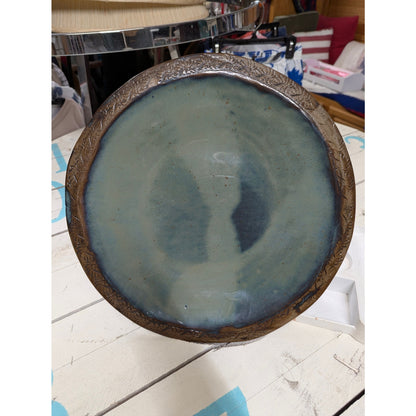Handmade Studio Pottery Platter 15" Round Etched Rim Earthy Glaze Stoneware