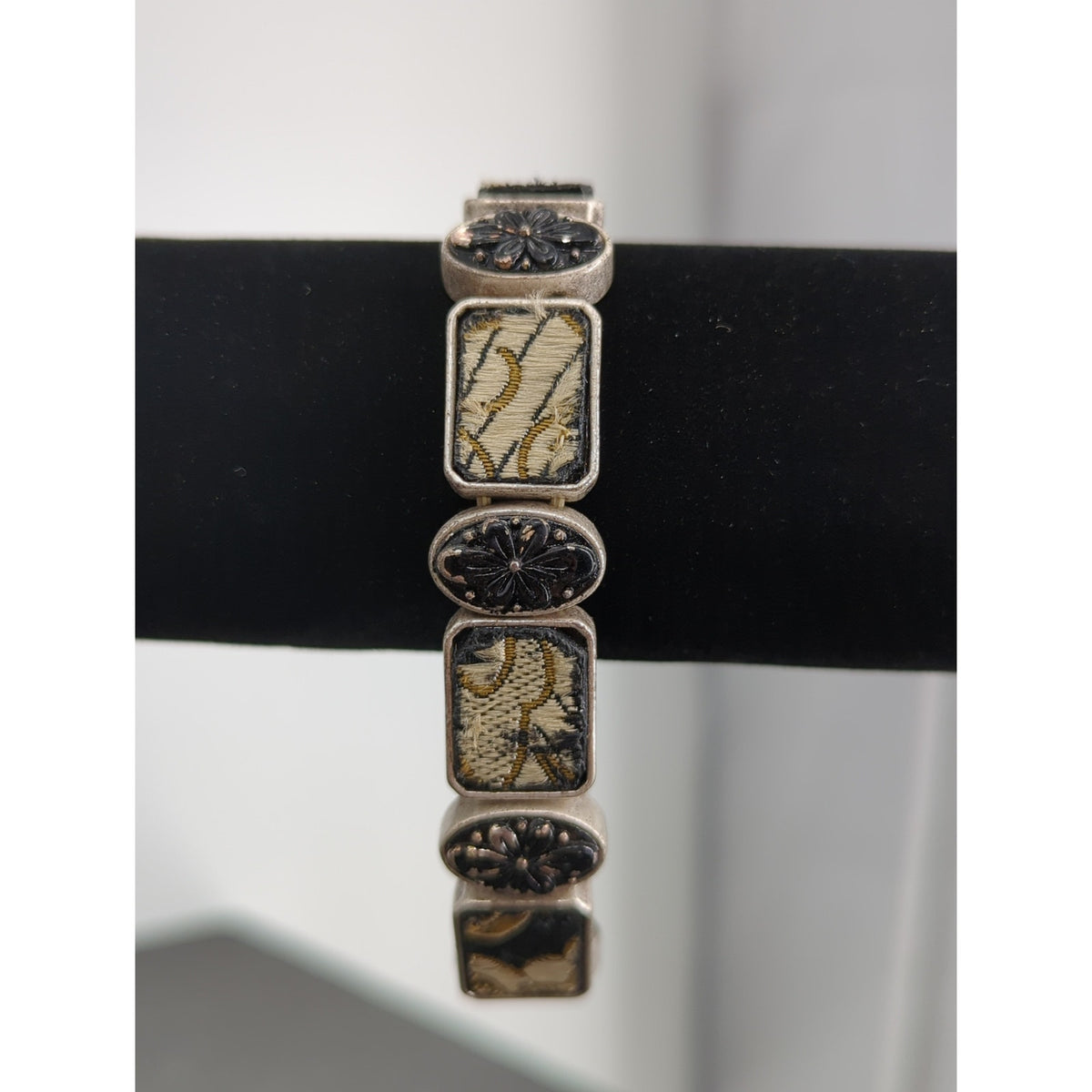 Vintage Silver Tone Geometric Stretchy Panel Bracelet Academia boho gothic