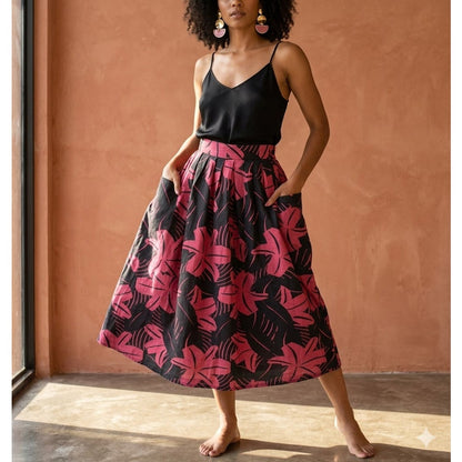 JH Collection Women's High Waist Pleated Floral Midi Skirt Red/Black 32"