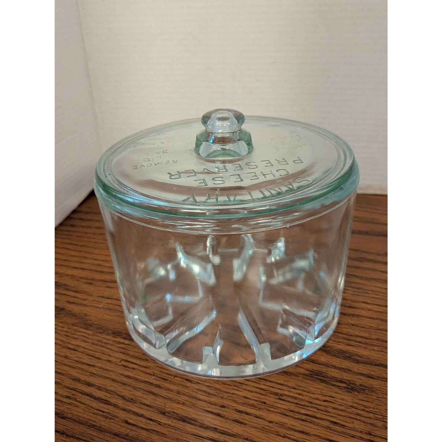 Vintage Clear Glass Round Sanitary Cheese Preserver Storage Container & Lid