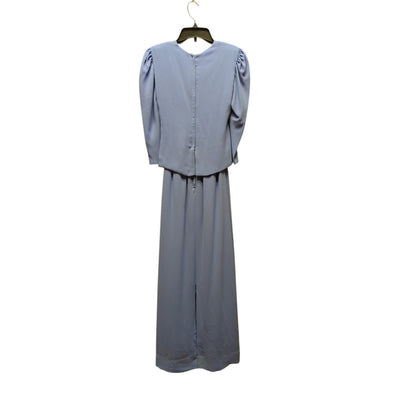 Vintage Elliette California Blue Maxi Dress 80s Shoulder Pads Pleated Regency
