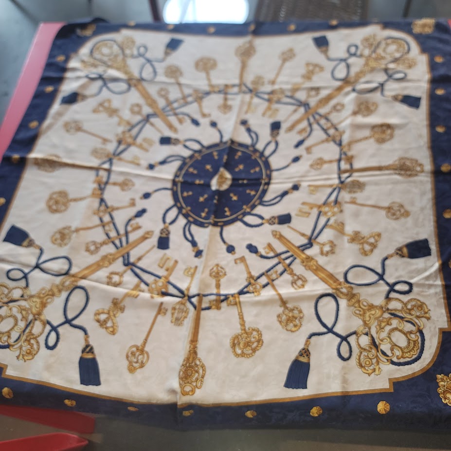 Vintage Italy Silk Scarf Navy Gold Tassel Equestrian Baroque Old Money Aesthetic