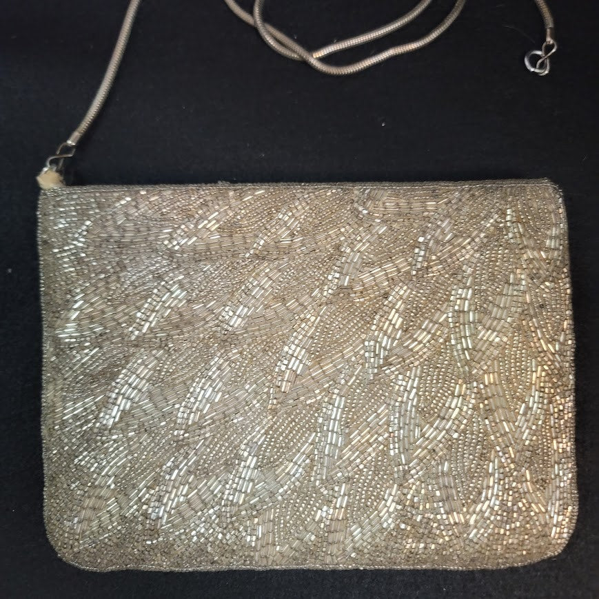 Vintage Beaded Evening Bag Cream Metallic Clutch damaged strap