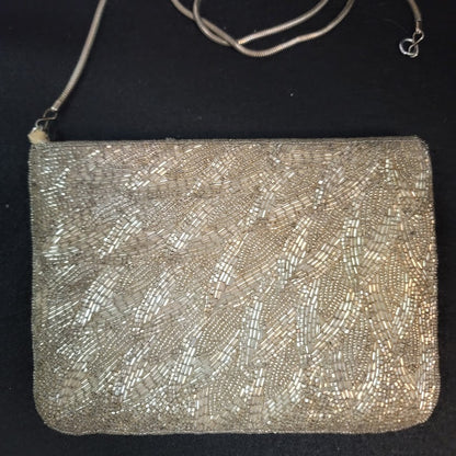 Vintage Beaded Evening Bag Cream Metallic Clutch damaged strap