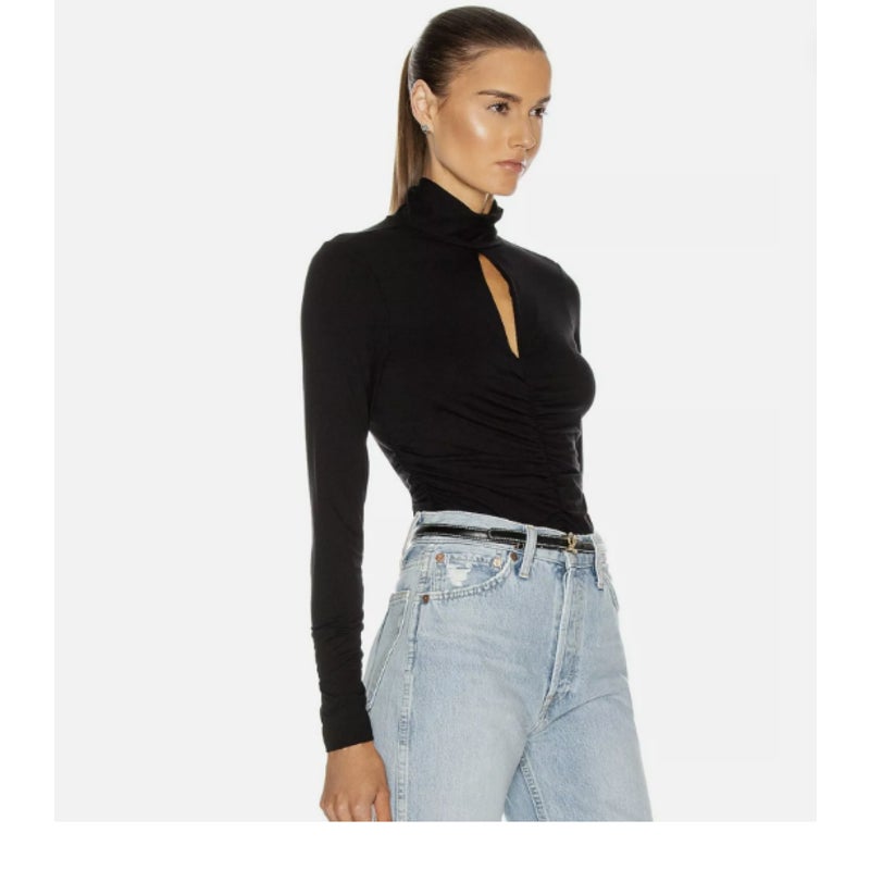 Frame Long Sleeve Felicity Ruched Jersey Keyhole Top Black $178 XS NEW Blouse