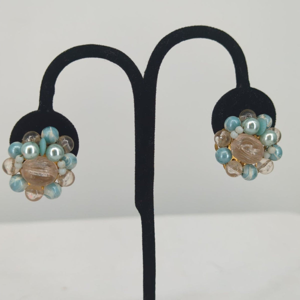 Vintage Japan Blue Peach Beaded Cluster Clip On Statement Earrings Faux Pearl