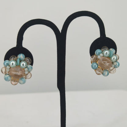 Vintage Japan Blue Peach Beaded Cluster Clip On Statement Earrings Faux Pearl