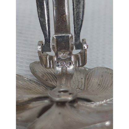 Vintage Silver Tone Sculptural Geometric Flower Clip On Statement Earrings Retro