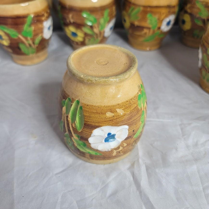 Set of 6 Primitive folk VINTAGE hand painted art pottery mug cup encised flowers