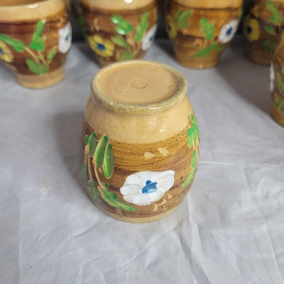 Set of 6 Primitive folk VINTAGE hand painted art pottery mug cup encised flowers