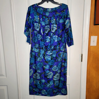 Vintage 50s taffeta dress blue floral 3/4 sleeve wiggle Mad Tv cocktail Medium