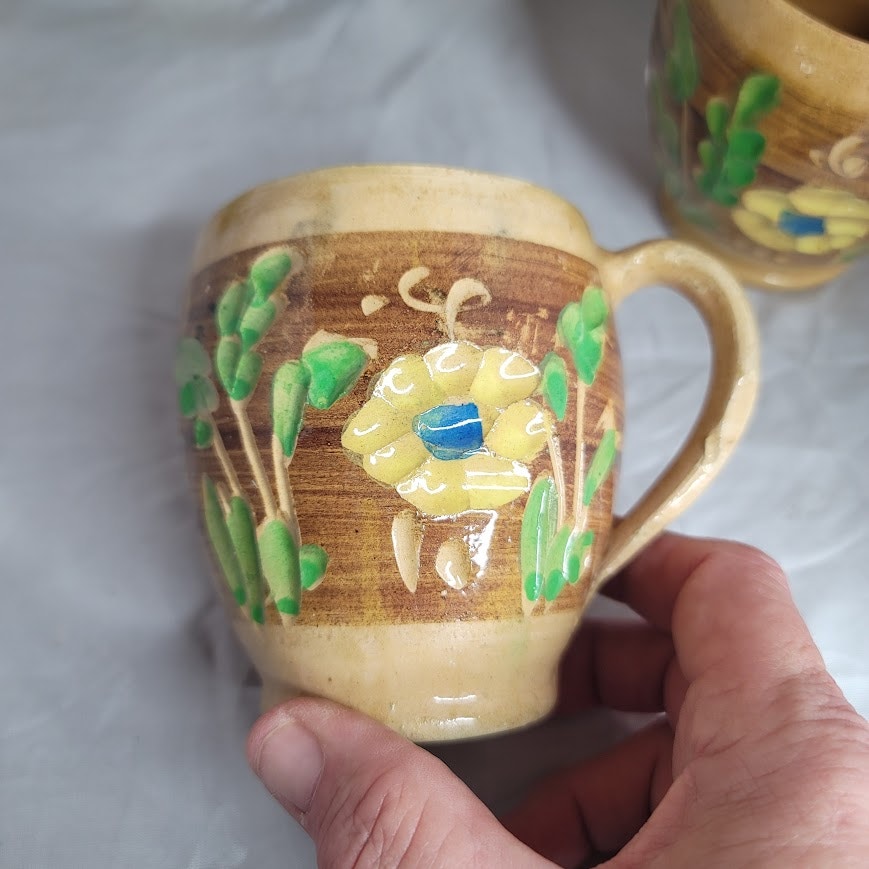 Set of 6 Primitive folk VINTAGE hand painted art pottery mug cup encised flowers