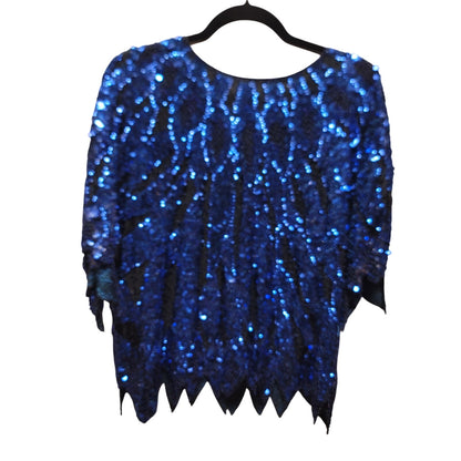 Vintage SILK blue sequin formal womens top jagged hem 80s M/L Handstitched