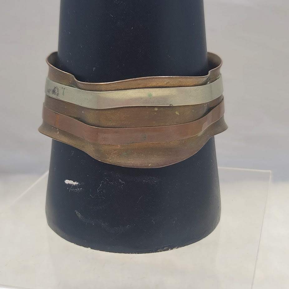 Vintage Brutalist Mixed Metal Ripple Cuff Bracelet Brass Copper Silver Tone