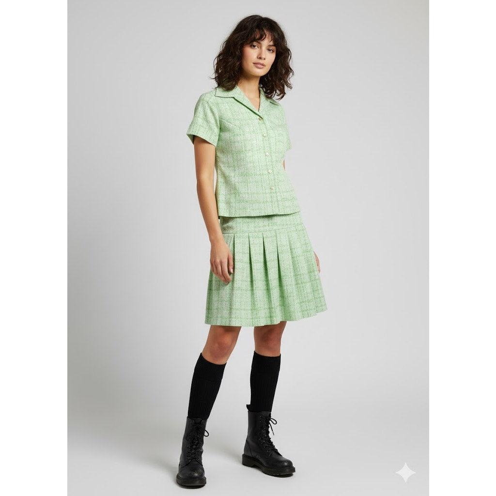 Vintage Polyester Knit 2 pc. pleated skirt blouse Set Green Size Medium