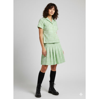 Vintage Polyester Knit 2 pc. pleated skirt blouse Set Green Size Medium