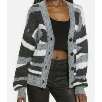 Leith Soft Fuzzy Button Cardigan Sweater Sz XL/Extra Large in Black Zebra NWT