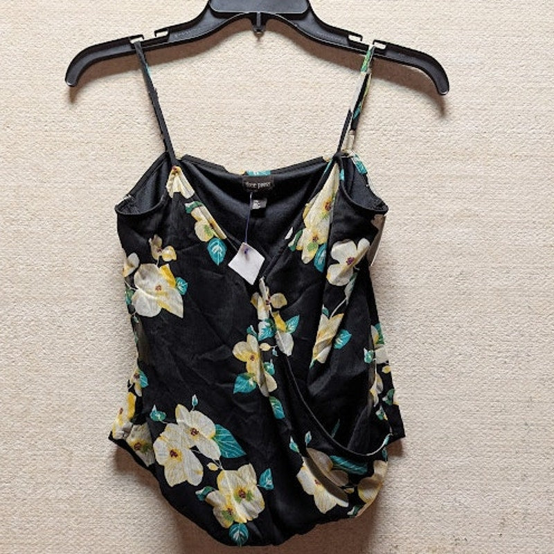 Free Press Black Chinoiserie Floral Mock Wrap Cami Top XXS