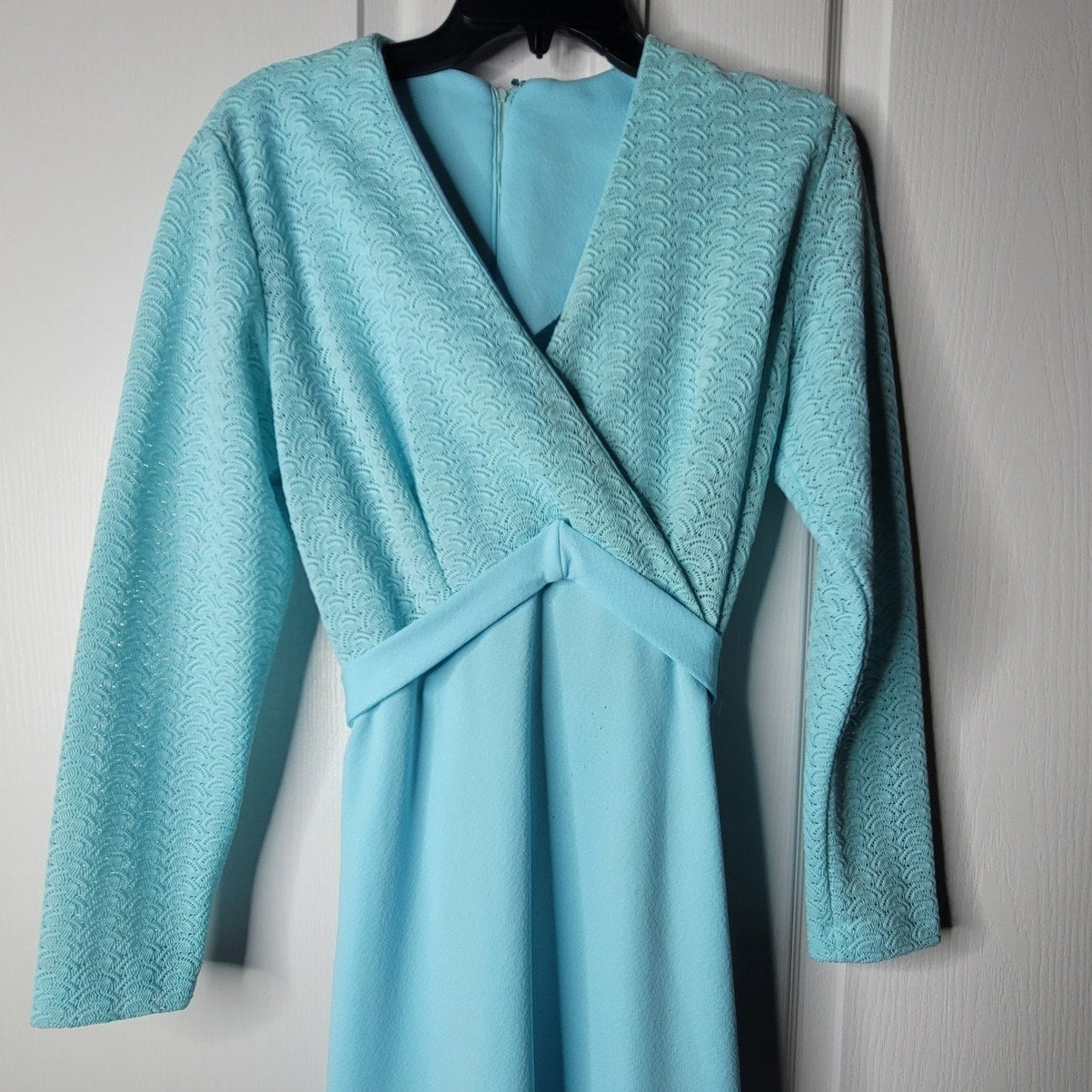 Vintage 70s Sears Blue Lace VNeck Maxi Dress Long Sleeve Mod Medium / Large Belt