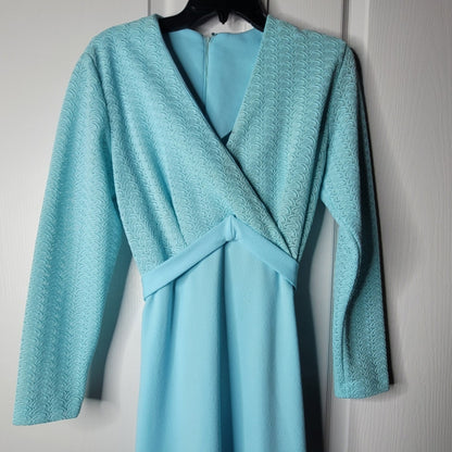 Vintage 70s Sears Blue Lace VNeck Maxi Dress Long Sleeve Mod Medium / Large Belt