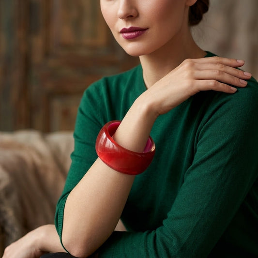 Red satin color bangle bracelet vintage Gold foil detail inside Hard Resin