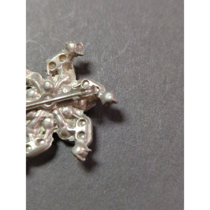 Vintage Mid-Century Faux Pearl Rhinestone Starburst Swirl Brooch Pin Silver Tone