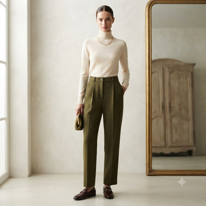 Vintage High Waisted Pleated Front Olive Green 100% Wool Pants Lined 4 Pockets