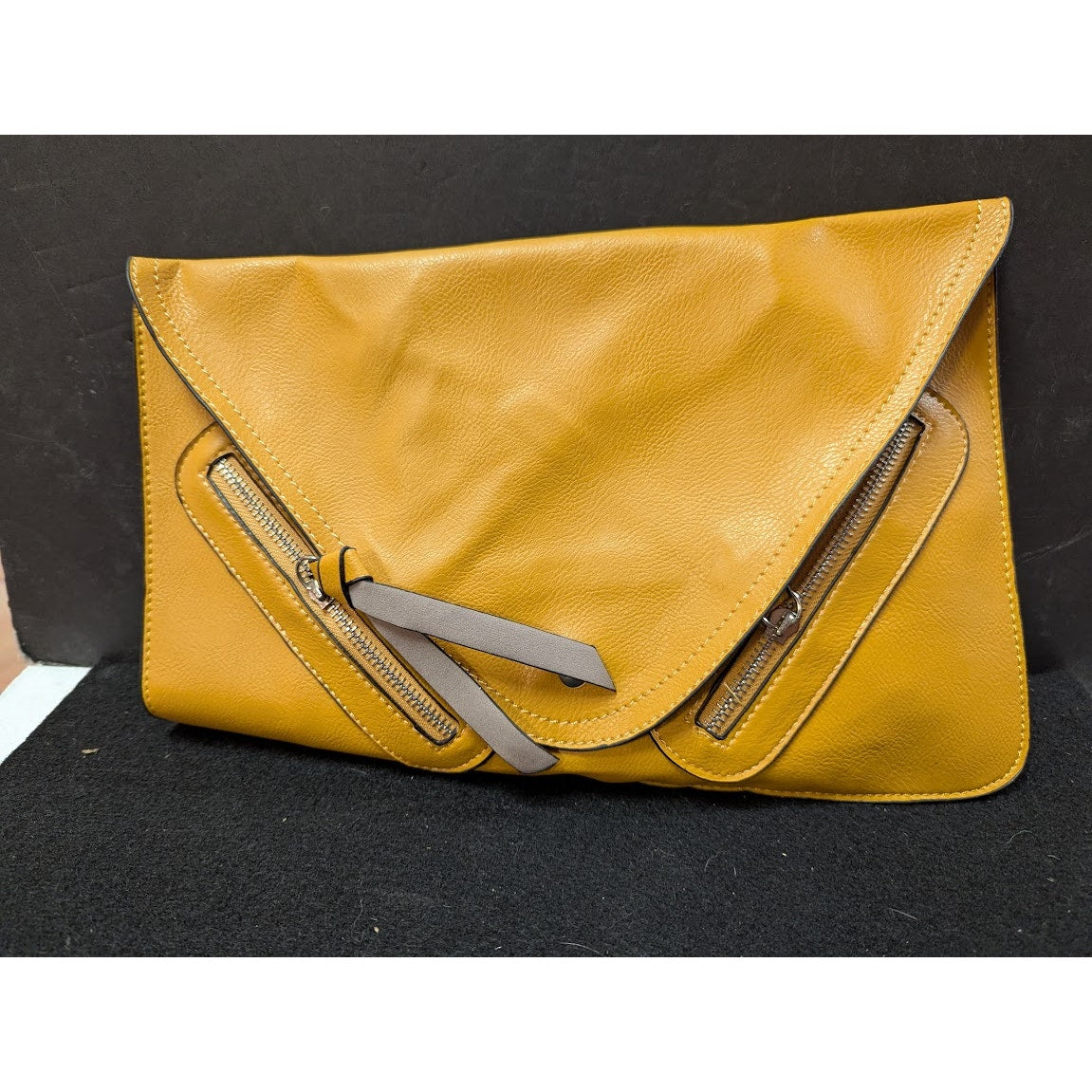 Vegan Faux Pebbled Leather Mustard Yellow bag Clutch Purse Front zip pockets