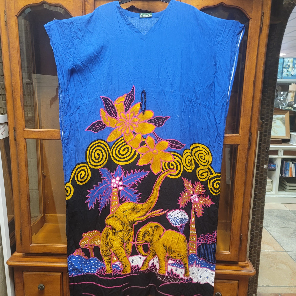 Kencana Ungu Batik Muumuu Kaftan One Size blue Animals Elephants Flowers