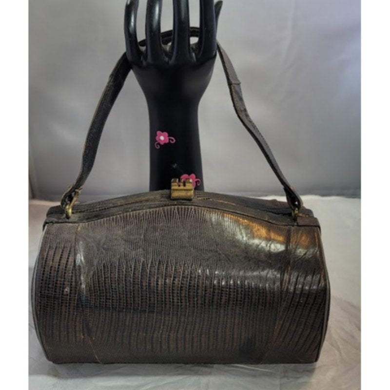 1950s Vintage Alligator Hide Barrel Hard Case Handbag Hardcase gray