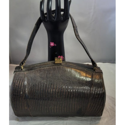 1950s Vintage Alligator Hide Barrel Hard Case Handbag Hardcase gray