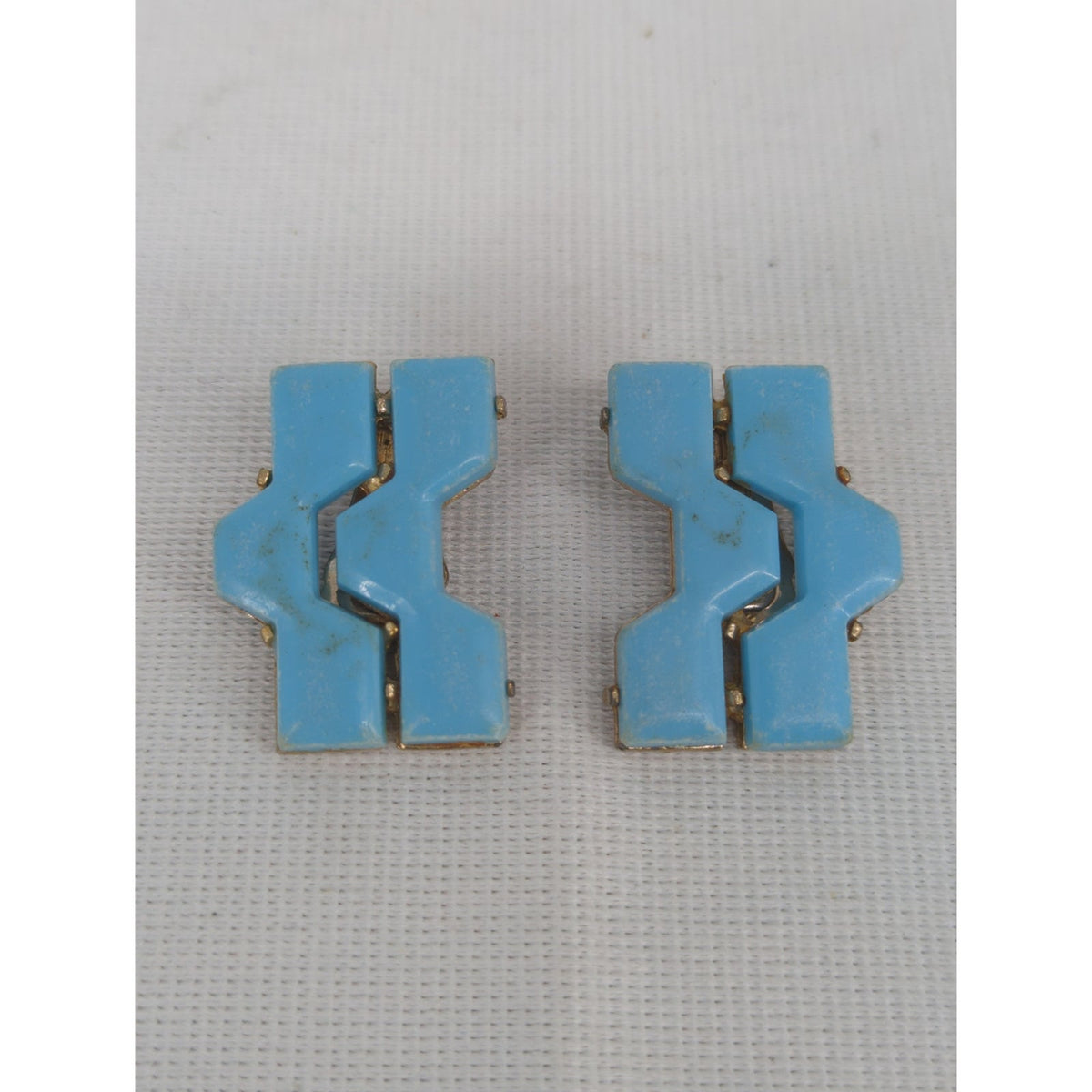 Vintage Mid Century Blue Geometric Zig Zag Clip On Earrings Retro Mod Statement
