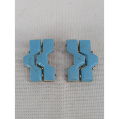 Vintage Mid Century Blue Geometric Zig Zag Clip On Earrings Retro Mod Statement