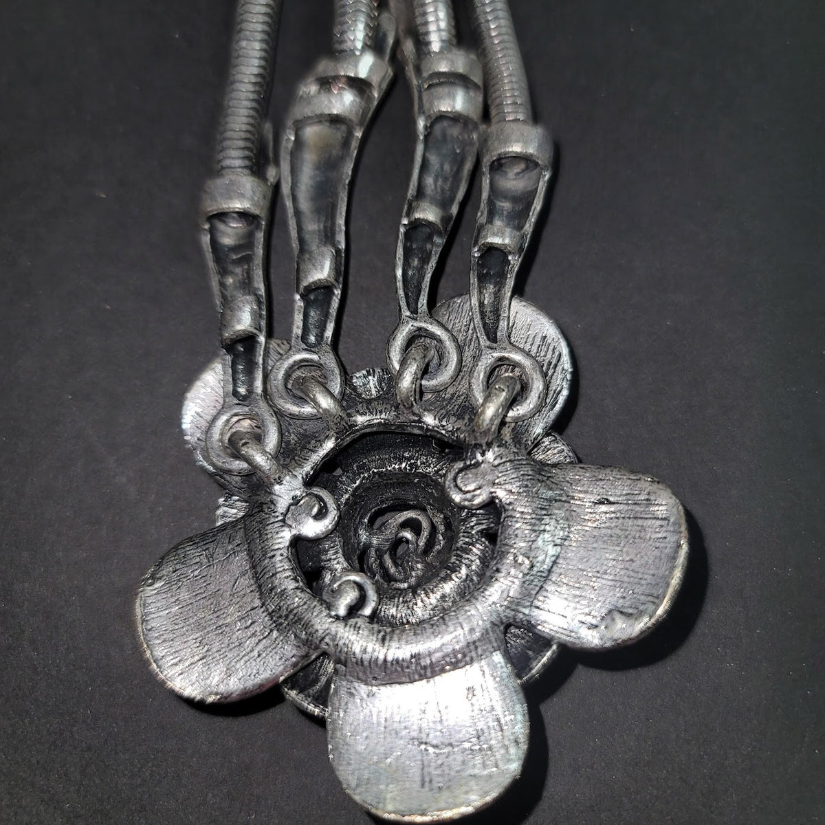 Heavy Metal Silvertone Necklace Flower Single into Double Strand Statement Pc.