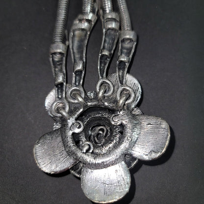 Heavy Metal Silvertone Necklace Flower Single into Double Strand Statement Pc.