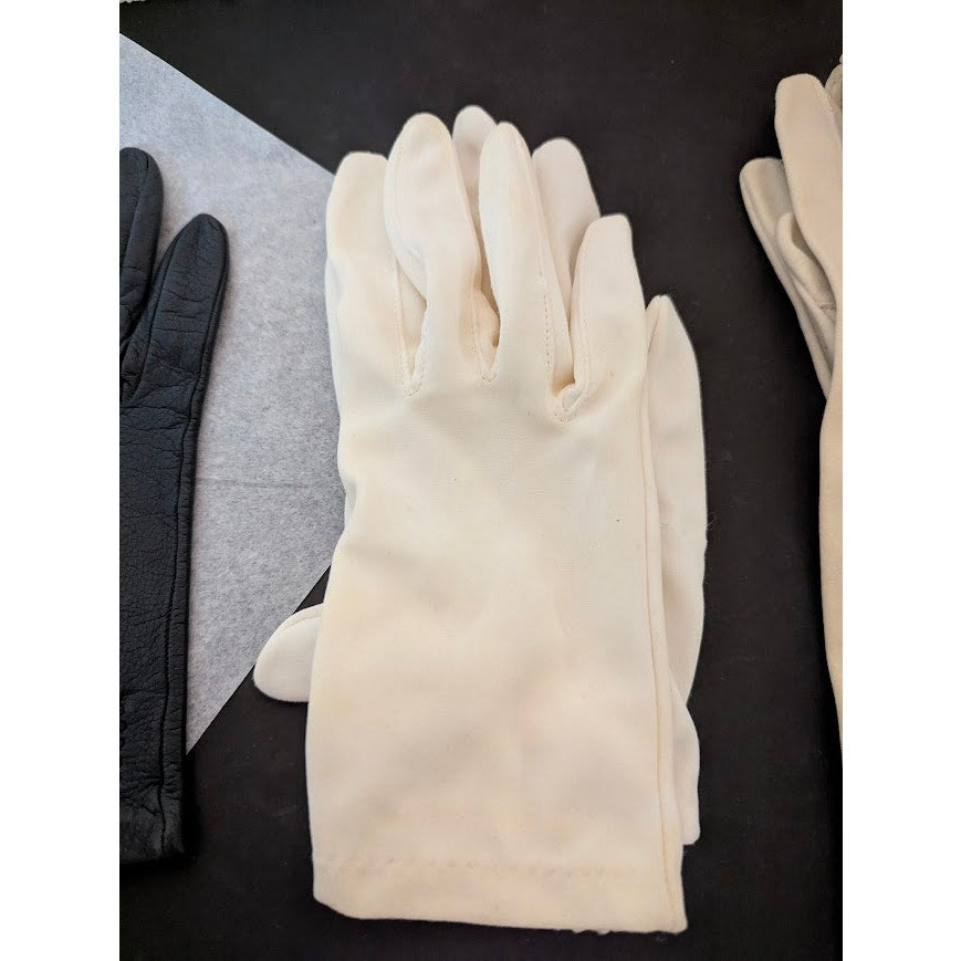 3 pairs of ladies gloves Brown Leather, White Cloth, Cream Mid Length Size Small