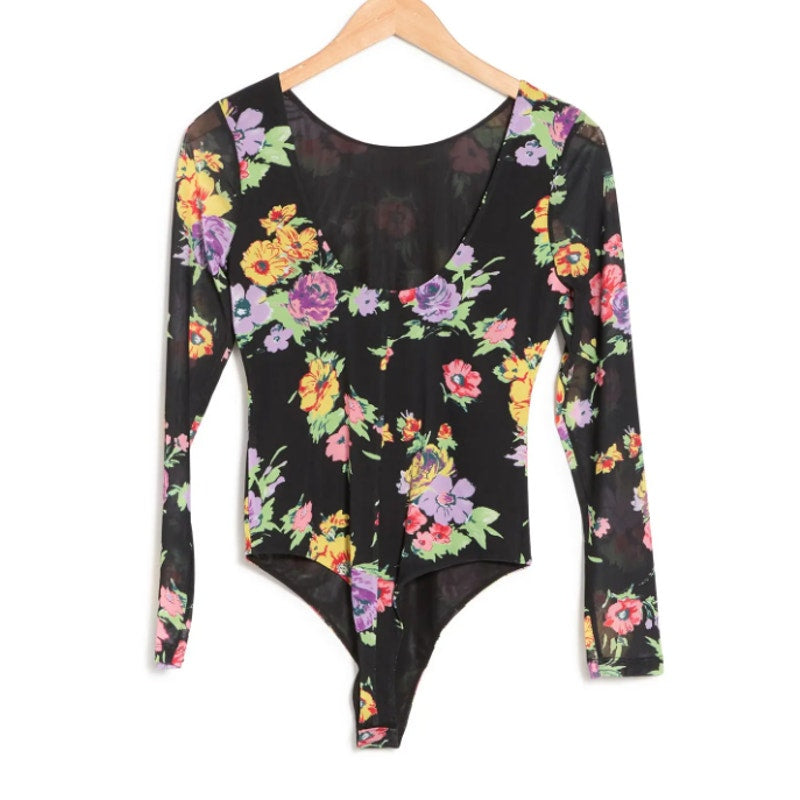 Wayf floral Black long sleeve Bodysuit scoop neck open back Size Small NEW