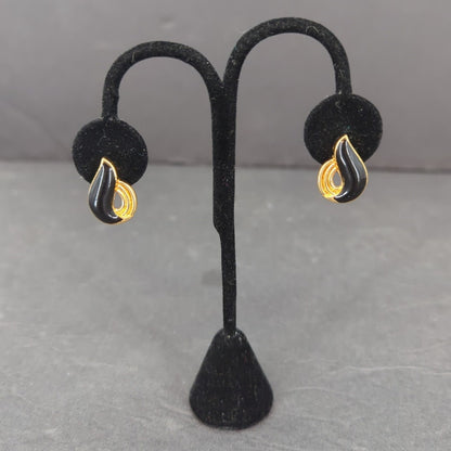 Vintage Gold Tone Black Enamel Teardrop Clip On Earrings Retro Modern Drop 1980s