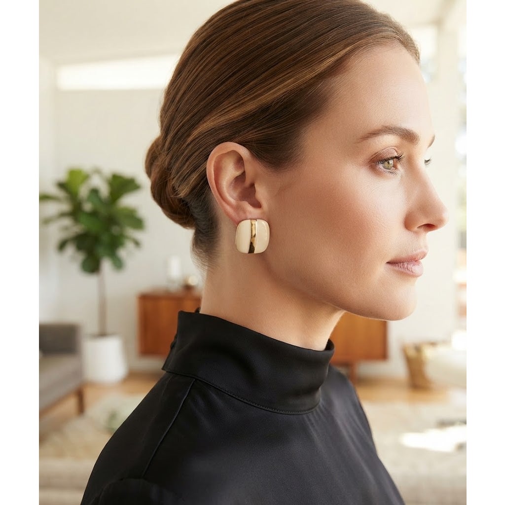 Vintage Cream and Gold Stripe Square Post Earrings Retro Minimalist