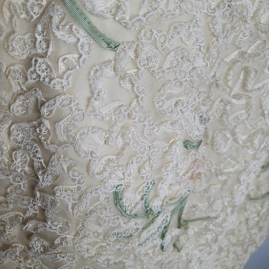 Vintage Esther Pomerantz 50s Sleeveless Dress Crinoline Cream Pink Green Lace
