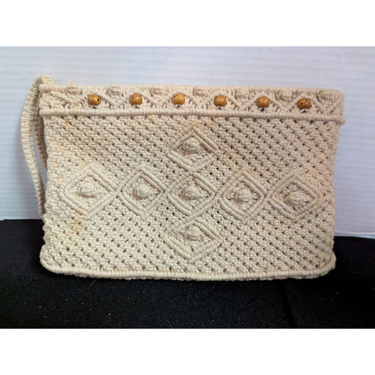 Vintage Boho Macrame Handbag Wooden Bead Accent Hippy Core Retro Purse