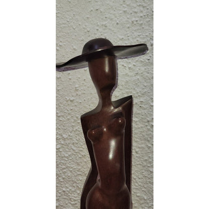 Hand Carved Tall 2 piece Woman in Hat FASHION Statue Wood 19"