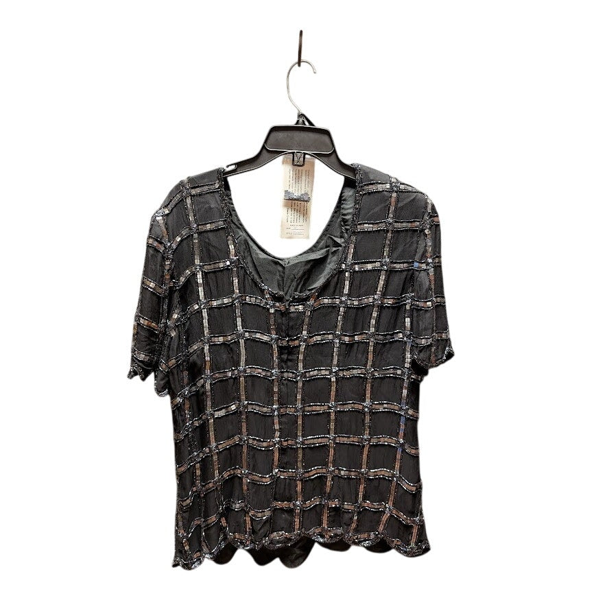 Vintage SCALA Evening black sequin formal top scallop hem 80s XL Handstitch SILK