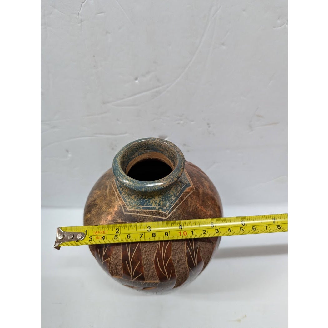 Hand Incised etched Vase Fish Turtle Clay pottery signed Cristina Amador