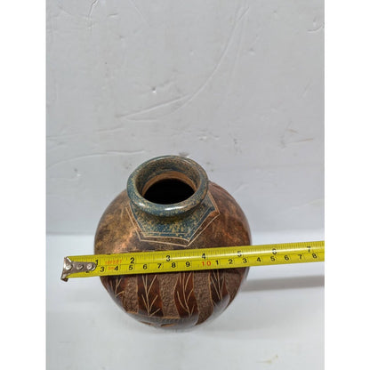 Hand Incised etched Vase Fish Turtle Clay pottery signed Cristina Amador