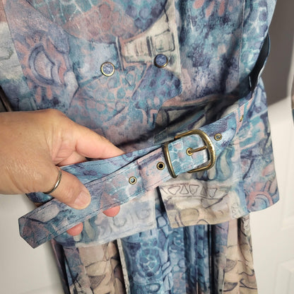 Canda 80s Vintage Pleated Geometric Multi Blue Dress Belted Long Sleeve Large