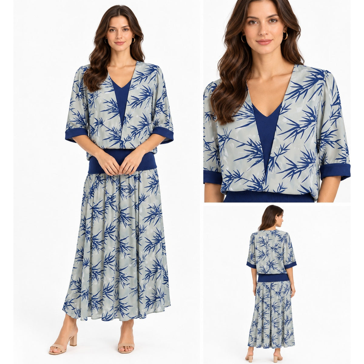 Vintage Starlo Fashions Fit Flare Pleats Palm Print Midi Dress Long Sleeves 1980
