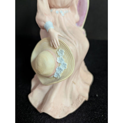 Vintage Bisque Porcelain Seated Victorian Lady Figurine with Hat