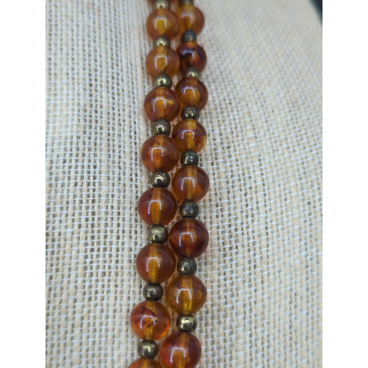 Vintage Amber Glass Bead Gold Tone Box Clasp Strand Necklace Mid-Century