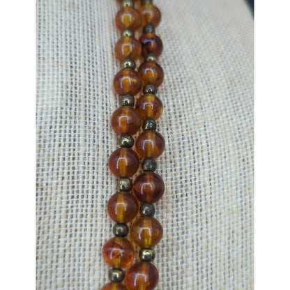 Vintage Amber Glass Bead Gold Tone Box Clasp Strand Necklace Mid-Century
